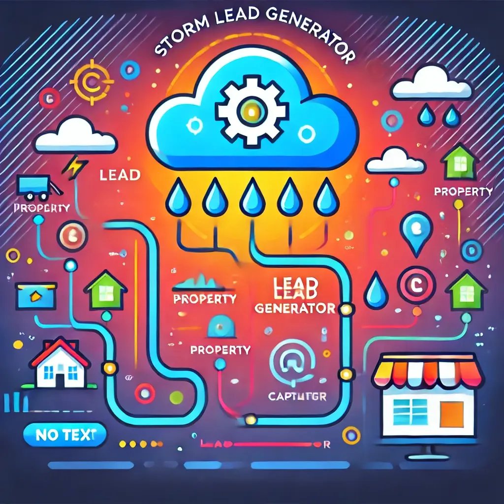 DALL·E 2025-01-03 23.31.46 - A vibrant and modern flat design illustration representing a storm lead generator. The image includes elements like storm clouds, raindrops connecting