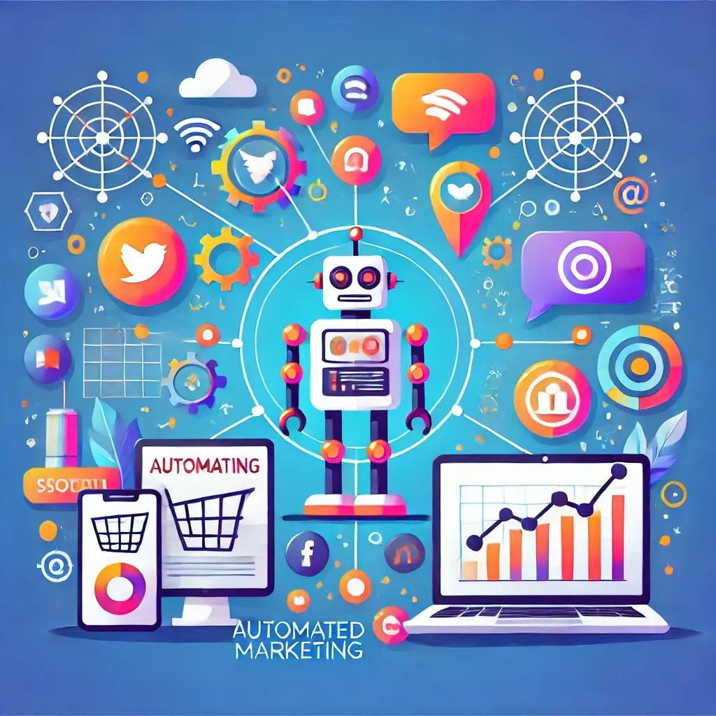 DALL·E 2025-01-03 23.31.49 - A vibrant and modern flat design illustration representing automated marketing. The image features elements like social media icons, a robot automatin